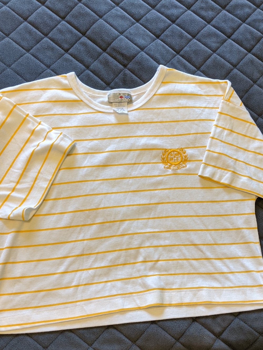 French Navy Women's White & Yellow Striped Embroidered Crewneck Crop Tee Size M
